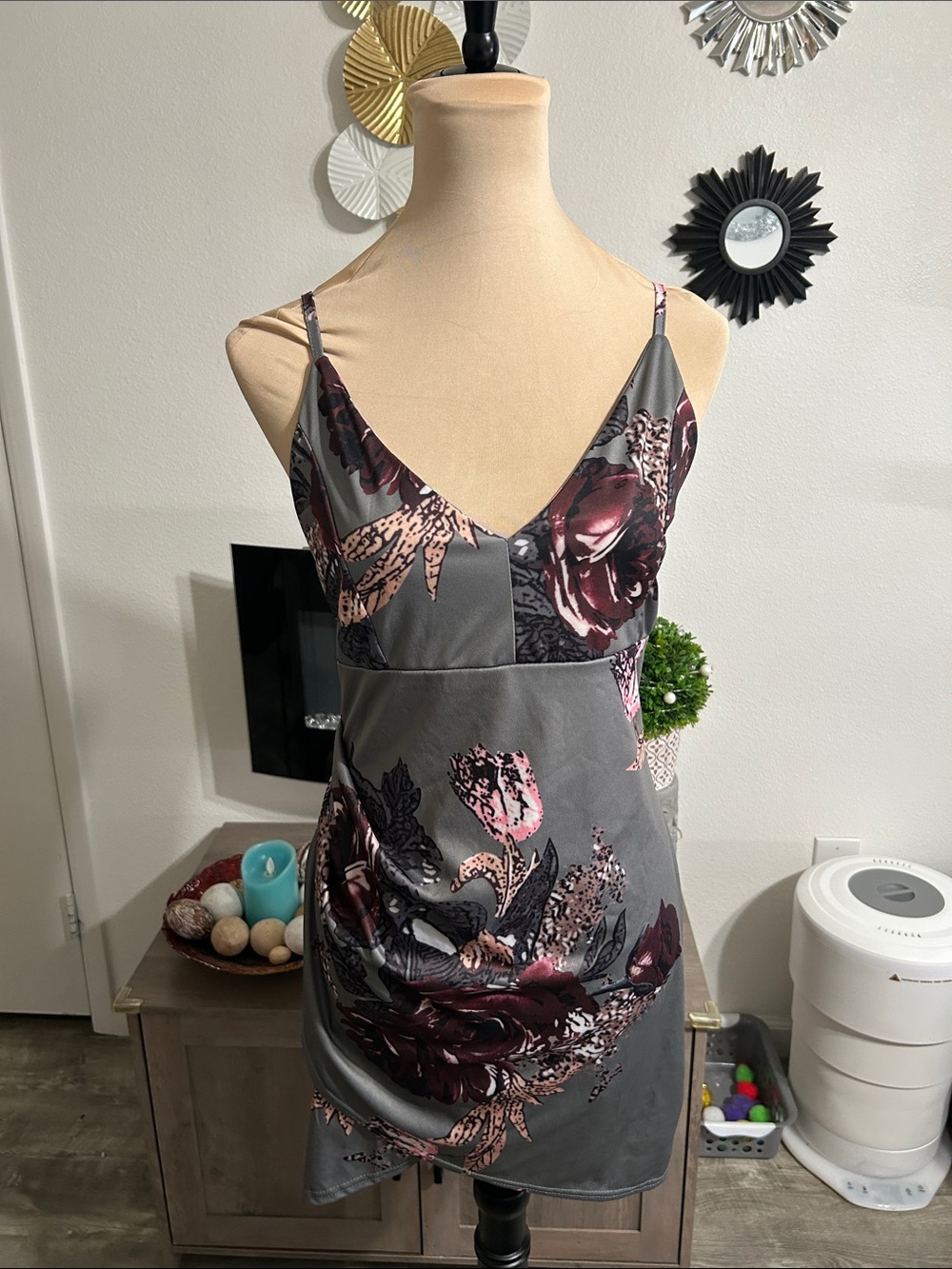 Floral Satin Slip Dress - Gray & Burgundy